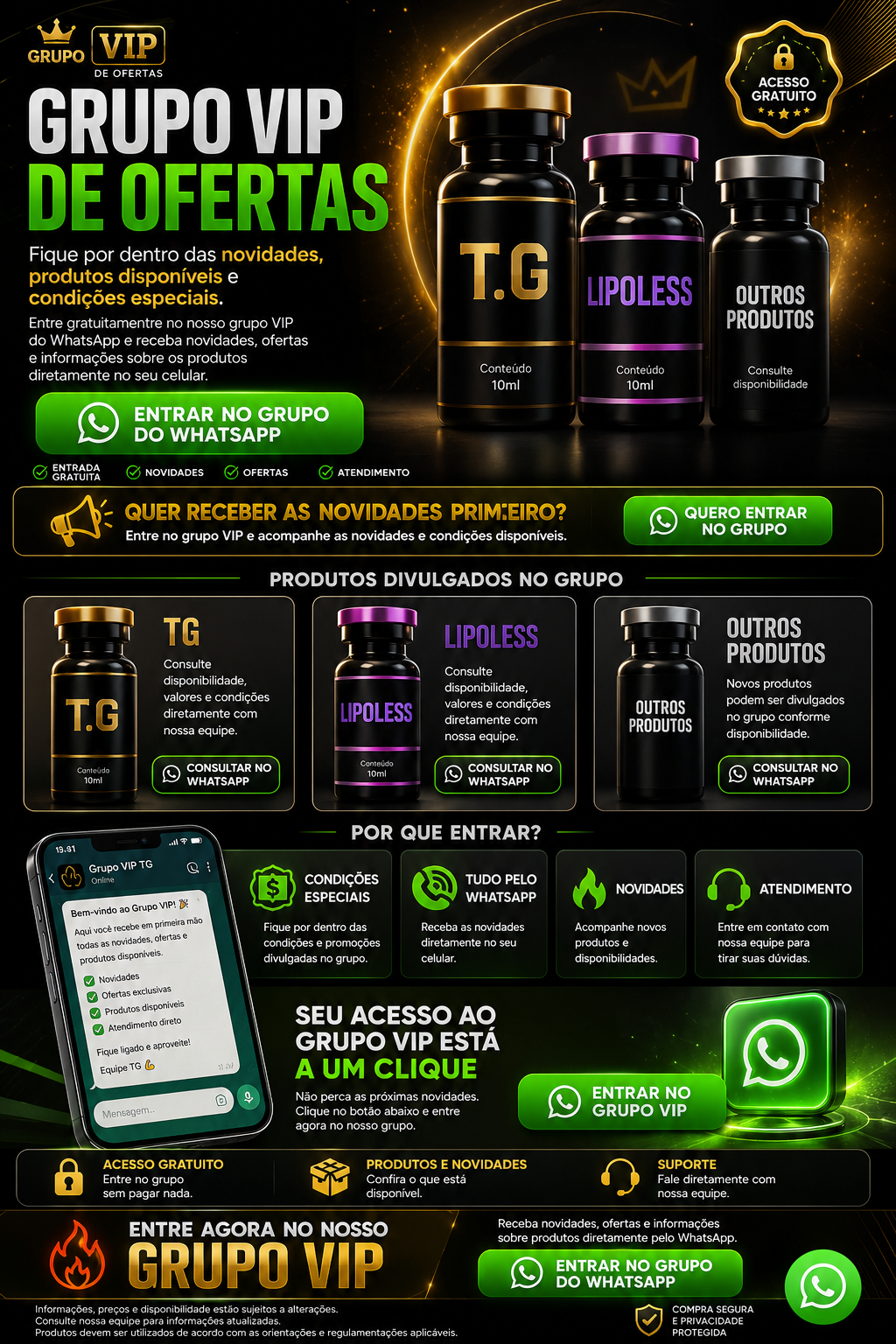 Grupo VIP de ofertas: produtos TG, Lipoless e outros divulgados no grupo do WhatsApp
